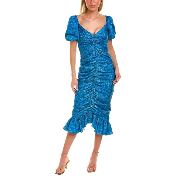 AMUR Dresses & Skirts - AMUR Floral Ruched Mermaid Tiered Puff Sleeve Peasant Blue Midi Dress. Size 10.